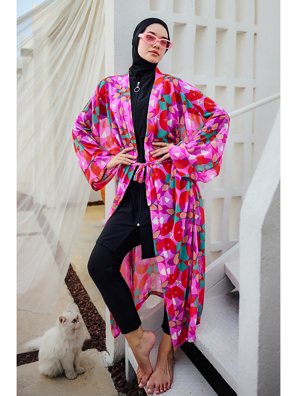 Remsa Tesettür Mayo Üzerine Tek Kaftan Kimono Pareo Pembe03 RP024 Renkpare