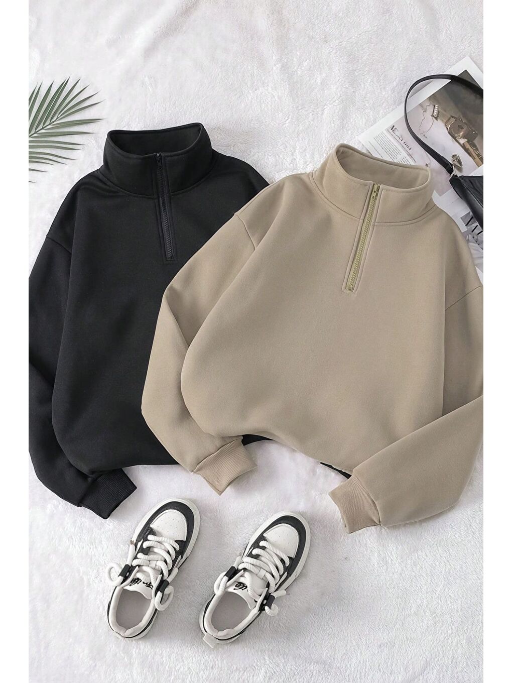 Trendseninle Vizon Kadın Vizon Siyah Oversize Yarım Fermuarlı 2Li Sweatshirt Set