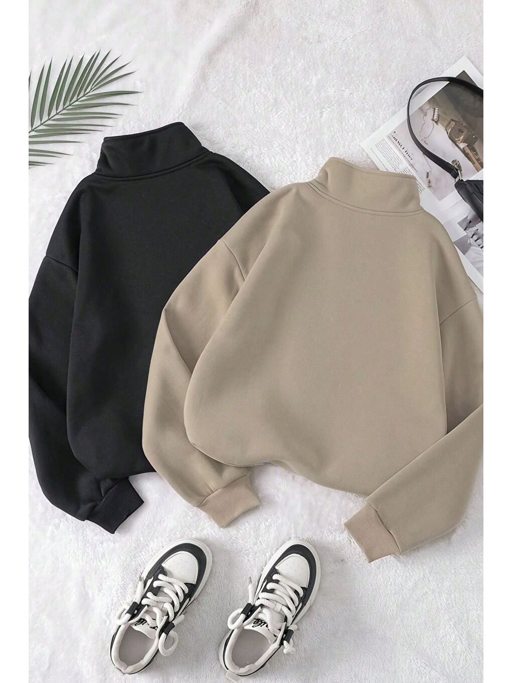 Trendseninle Vizon Kadın Vizon Siyah Oversize Yarım Fermuarlı 2Li Sweatshirt Set - 1