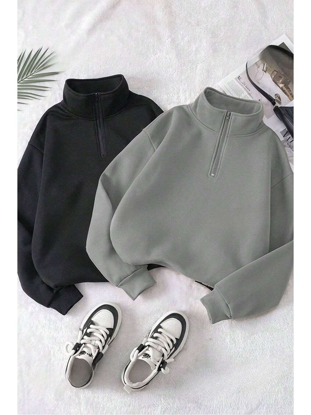 Trendseninle Füme Kadın Füme Siyah Oversize Yarım Fermuarlı 2Li Sweatshirt Set