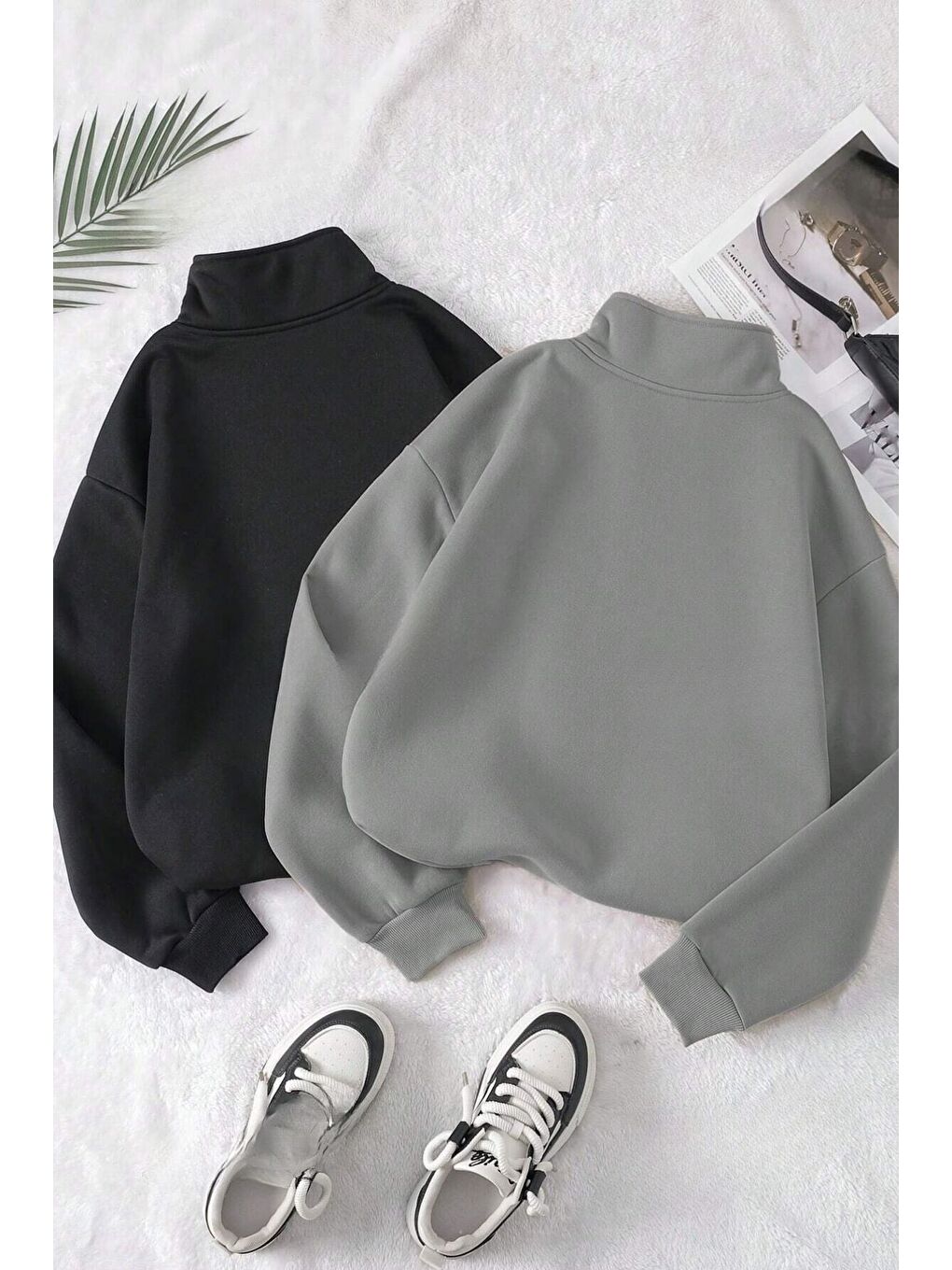 Trendseninle Füme Kadın Füme Siyah Oversize Yarım Fermuarlı 2Li Sweatshirt Set - 1