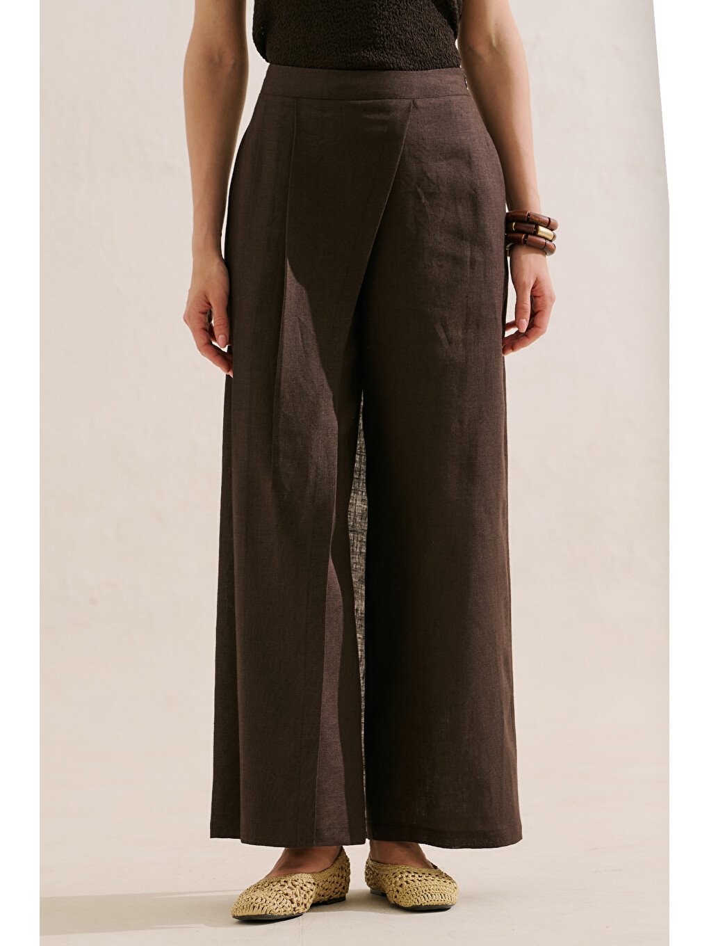 Kahverengi Keten Karışımlı Naturel Etek Pantolon Acı Kahve-3