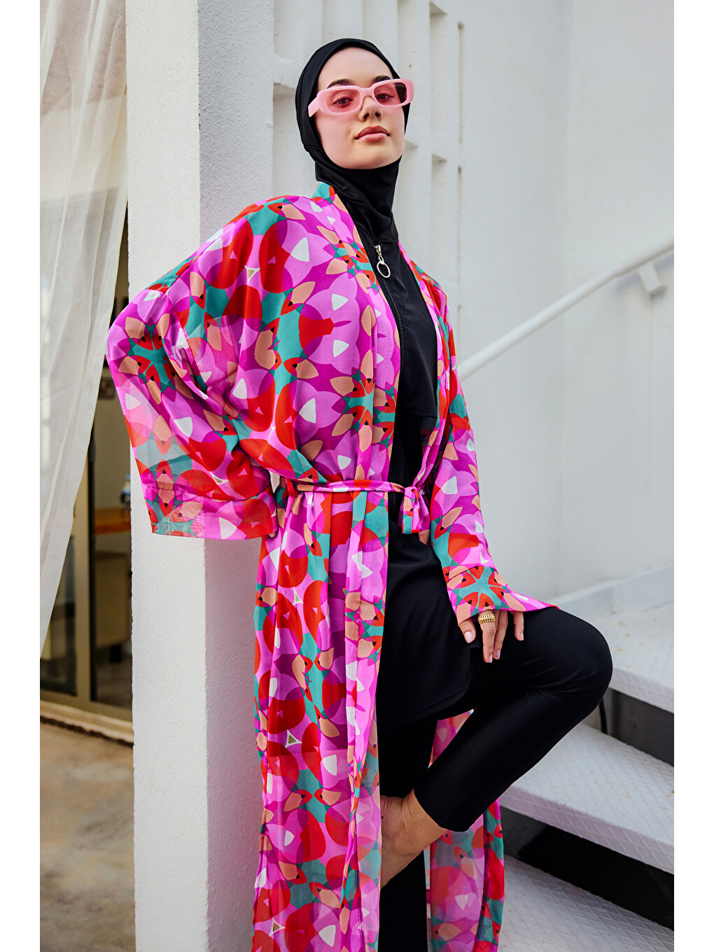 Remsa Tesettür Mayo Üzerine Tek Kaftan Kimono Pareo Pembe03 RP024 Renkpare-1
