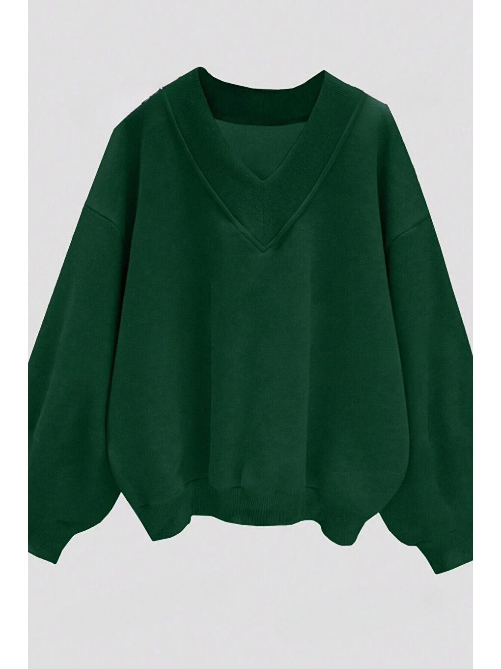 Trendseninle Yeşil Kadın Yeşil Düz V Yaka Oversize Sweatshirt