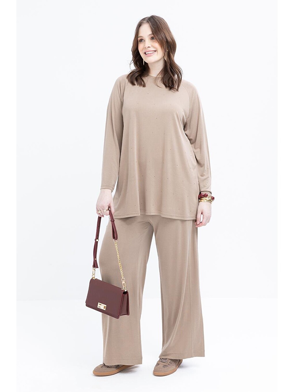Bej Vizon-büyük Beden Beli Lastikli Geniş Paça Pantolon