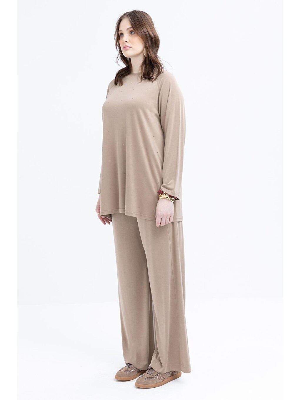 Bej Vizon-büyük Beden Beli Lastikli Geniş Paça Pantolon-2