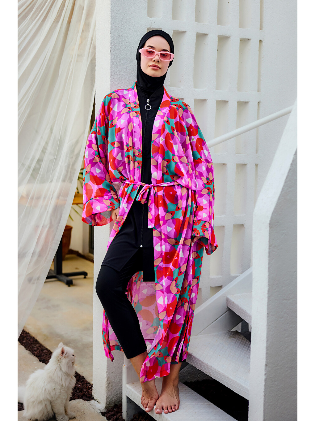 Remsa Tesettür Mayo Üzerine Tek Kaftan Kimono Pareo Pembe03 RP024 Renkpare-2