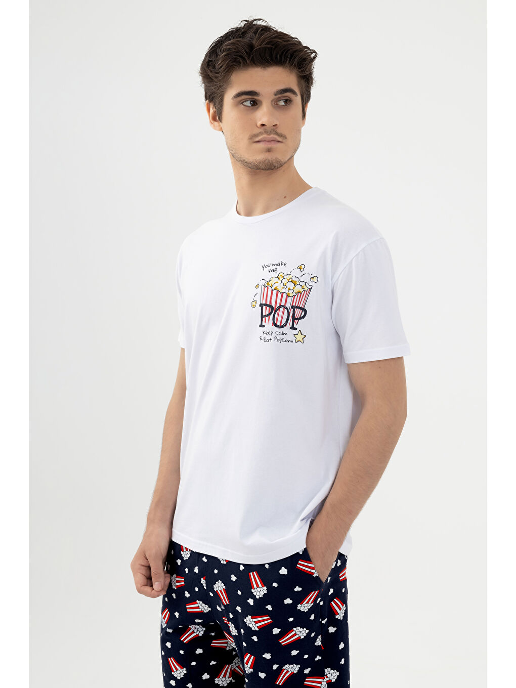 Mavi Erkek Kısa Kollu Pamuklu Popcorn Desenli Pijama Takımı-1