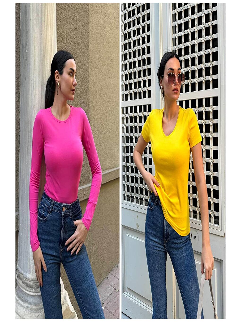 2'li Pamuk Uzun Kol Fuşya ve Kısa Kol Sarı Tshirt
