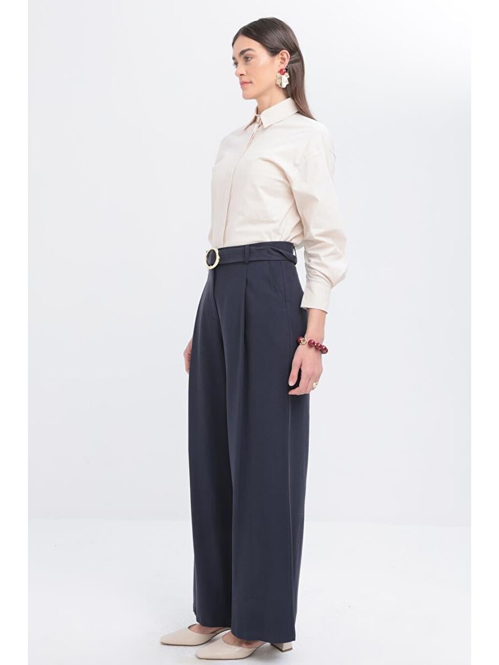İndigo-Kemerli Palazzo Pantolon-2