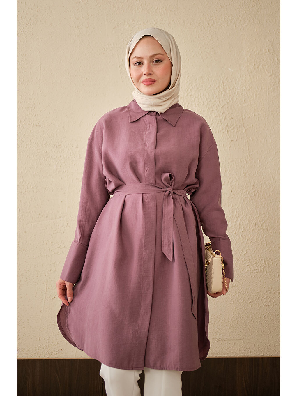Kadın Bel Bağlamalı Gizli Düğmeli Uzun Gömlek Mürdüm