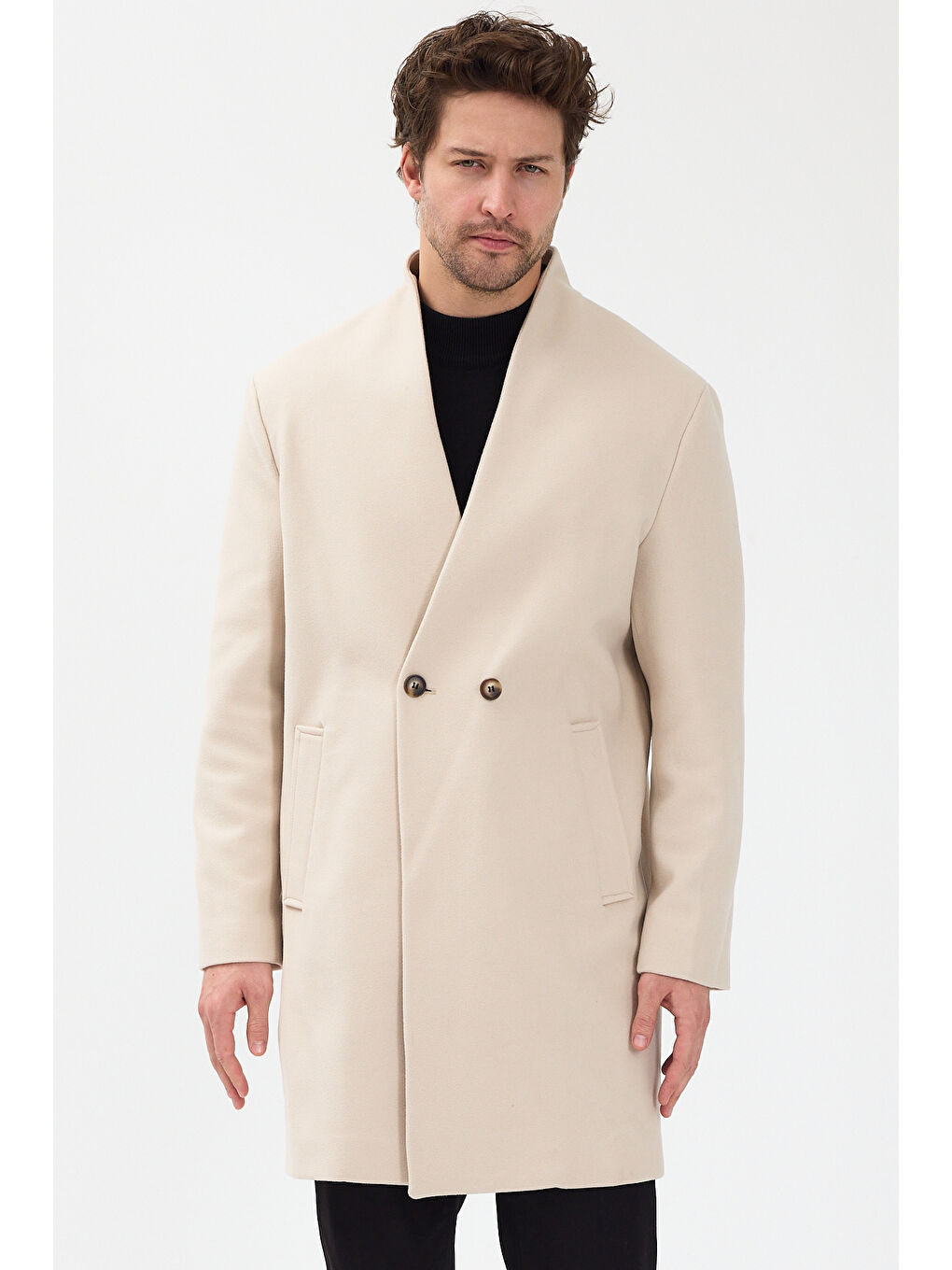 Erkek Kruvaze Kaşe Palto Mont Ekru-2