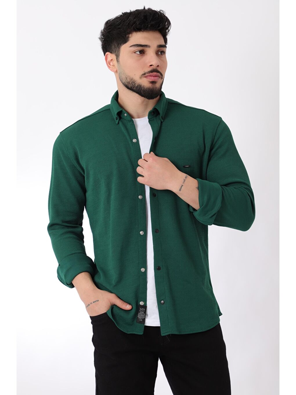 Stilkombin Koyu Yeşil Düz Slim Fit Örme Gömlek XC U16788_40297