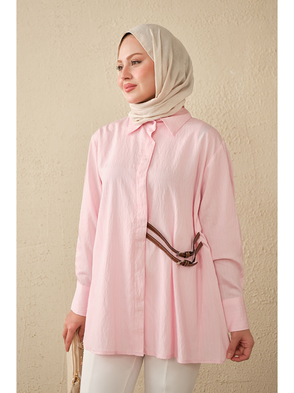 Kadın Çizgi Desenli Çift Kemerli Gömlek Pembe-1