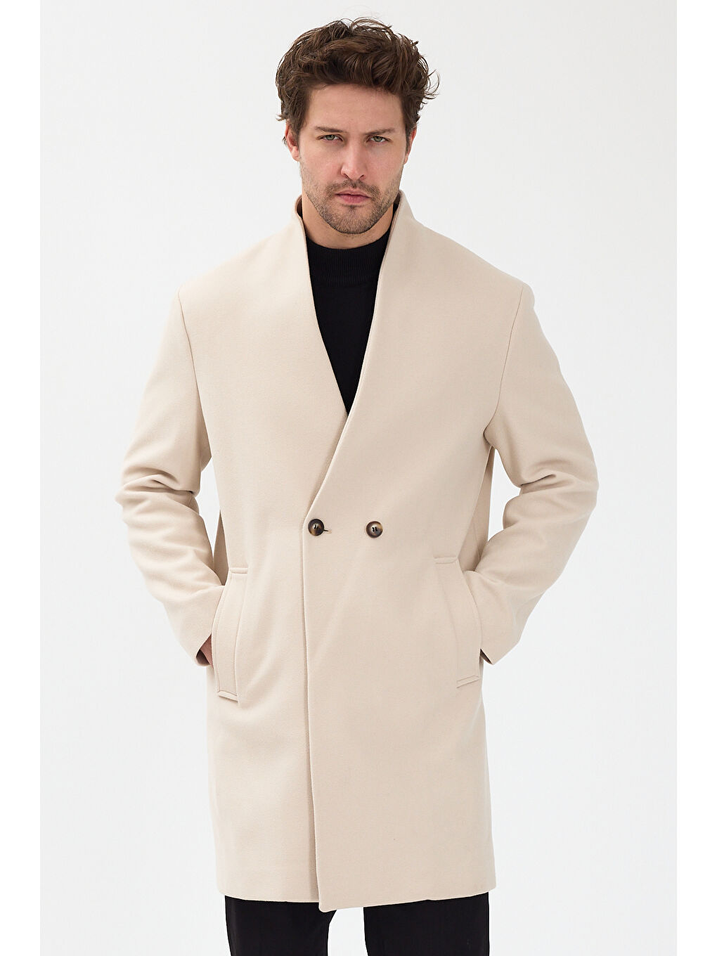 Erkek Kruvaze Kaşe Palto Mont Ekru-3