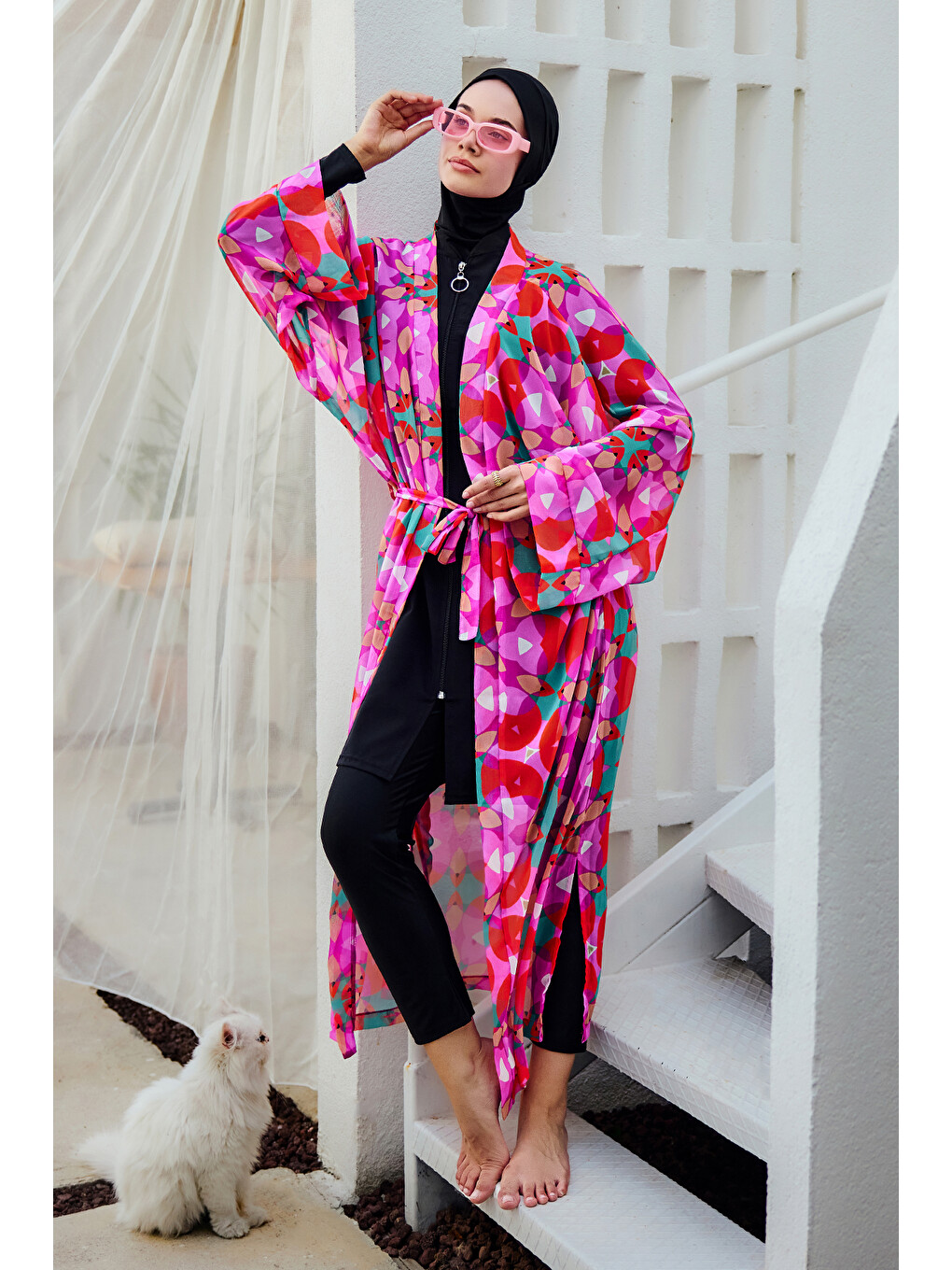 Remsa Tesettür Mayo Üzerine Tek Kaftan Kimono Pareo Pembe03 RP024 Renkpare-4