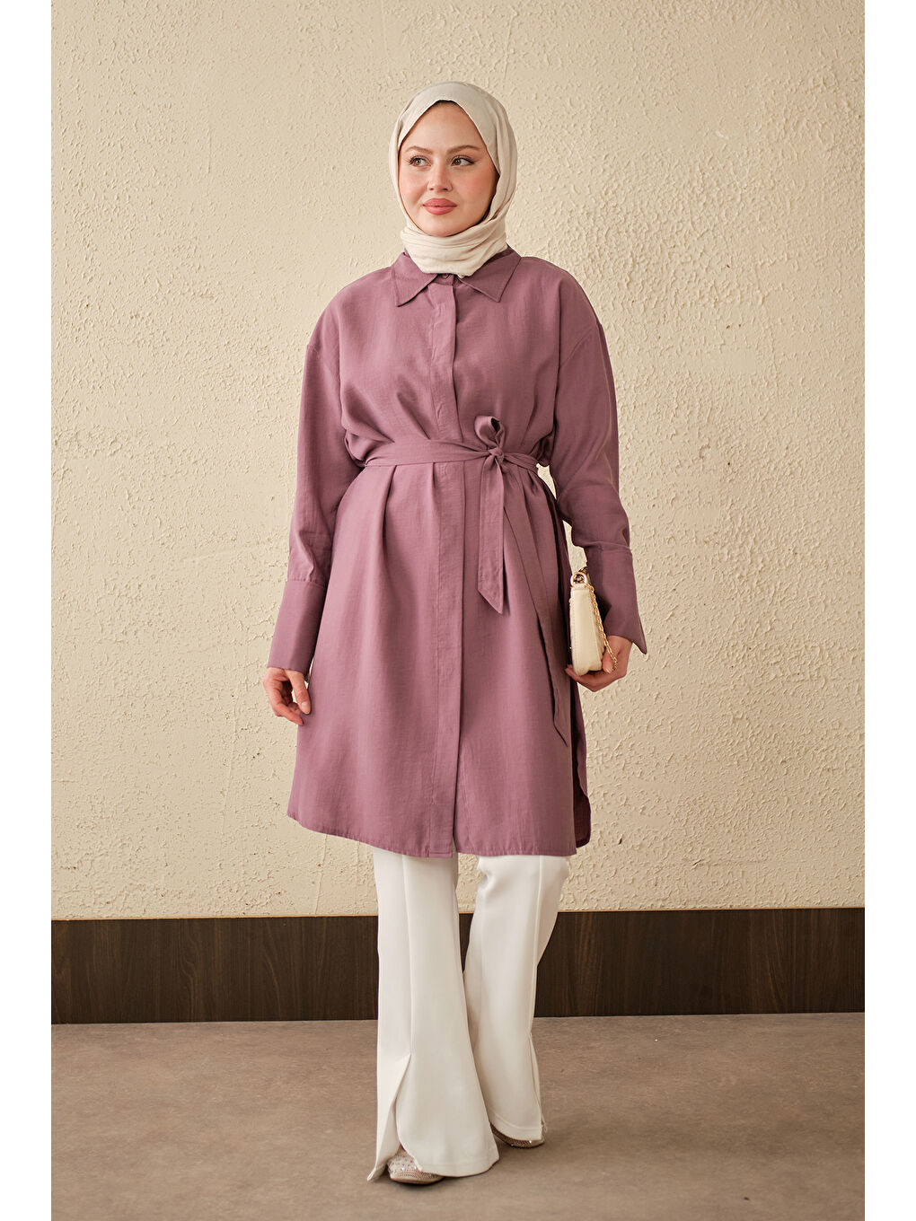 Kadın Bel Bağlamalı Gizli Düğmeli Uzun Gömlek Mürdüm-1
