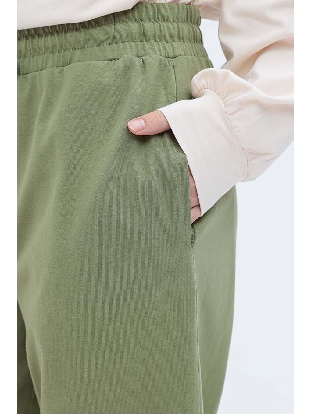 Haki-Beli Lastikli Slouchy Pantolon-4