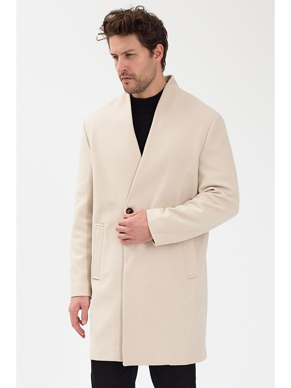 Erkek Kruvaze Kaşe Palto Mont Ekru-5