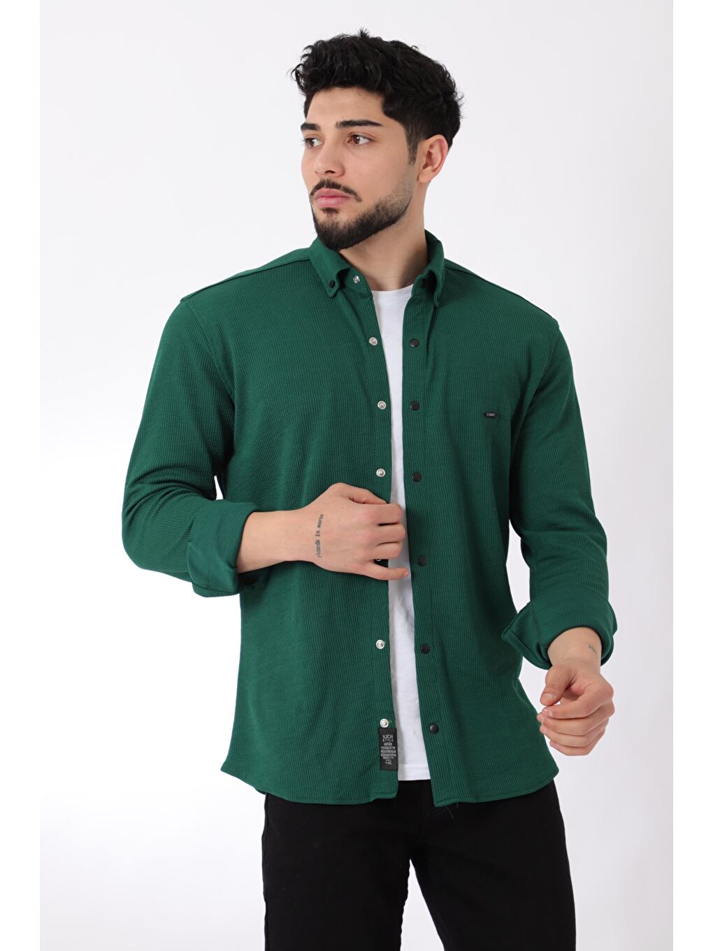 Stilkombin Koyu Yeşil Düz Slim Fit Örme Gömlek XC U16788_40297 - 1