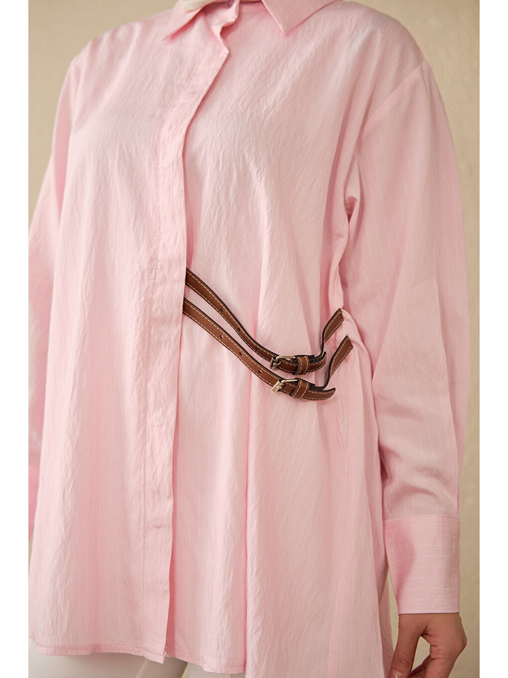 Kadın Çizgi Desenli Çift Kemerli Gömlek Pembe-3