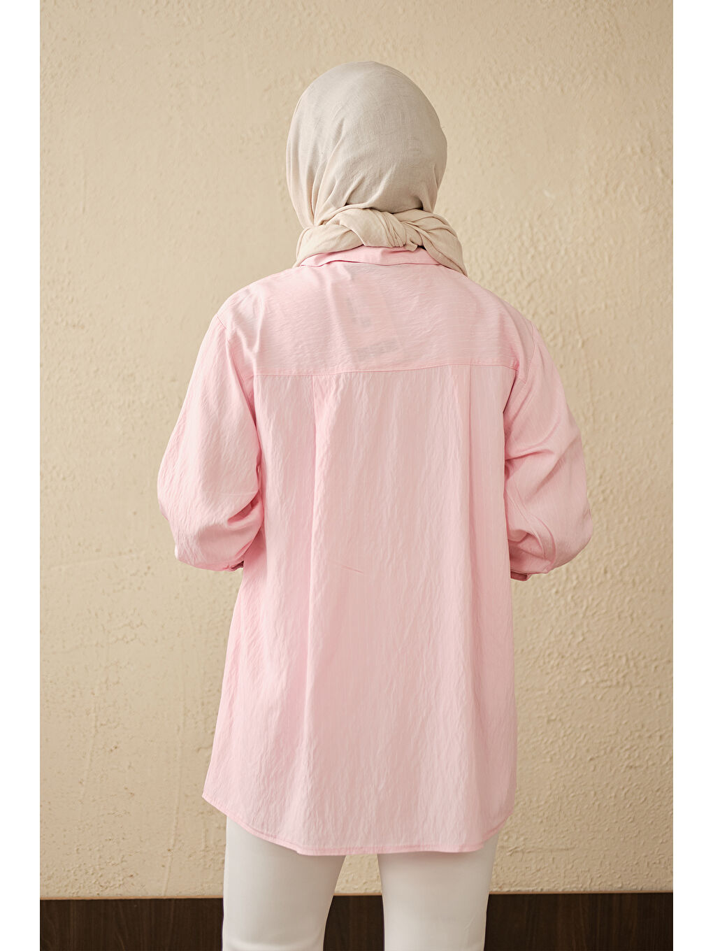 Kadın Çizgi Desenli Çift Kemerli Gömlek Pembe-4