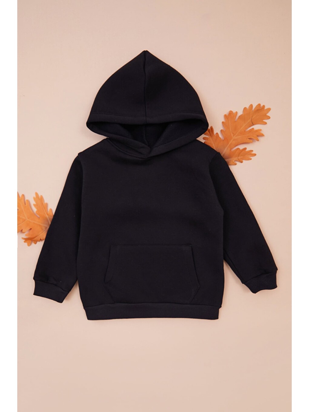 Siyah 3 İplik Kanguru Cepli Kapüşonlu Unisex Çocuk Sweatshirt