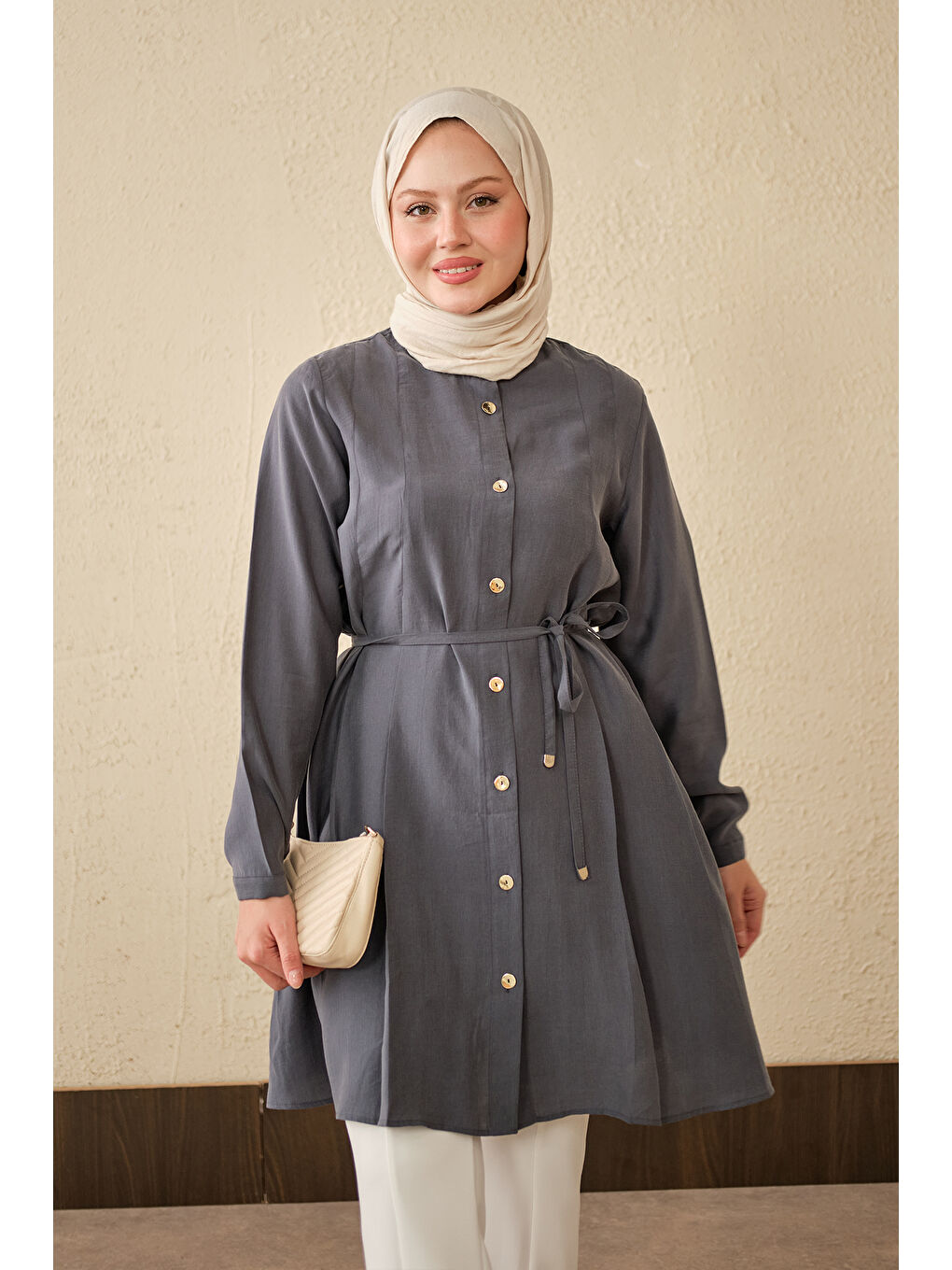 Kadın Pile Detay Bel Bağlamalı Uzun Gömlek Antrasit