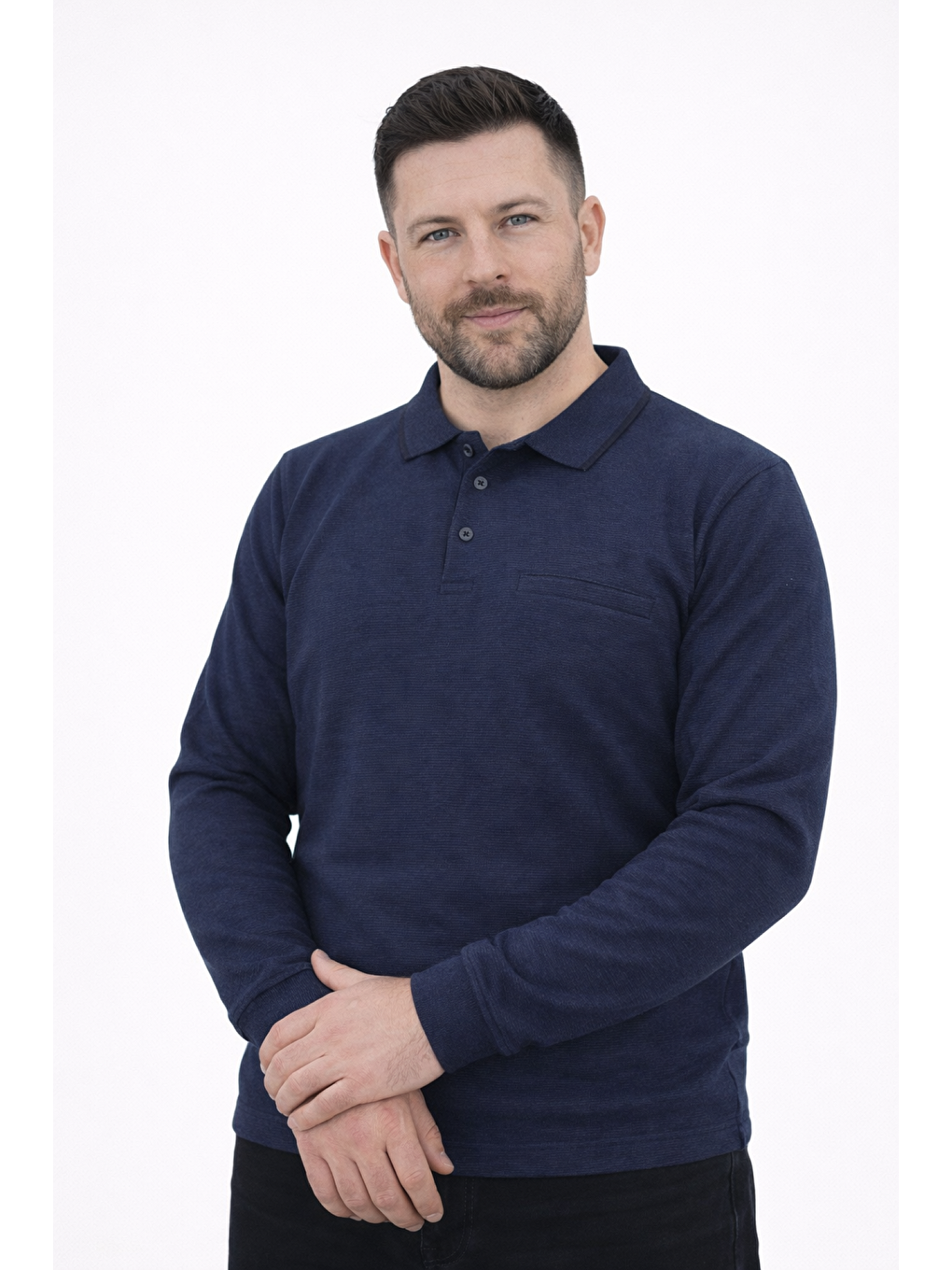 Mavi Erkek Pamuklu Polo Yaka Manşetli Selanik Kumaş Kaliteli Uzun Kollu Sweat