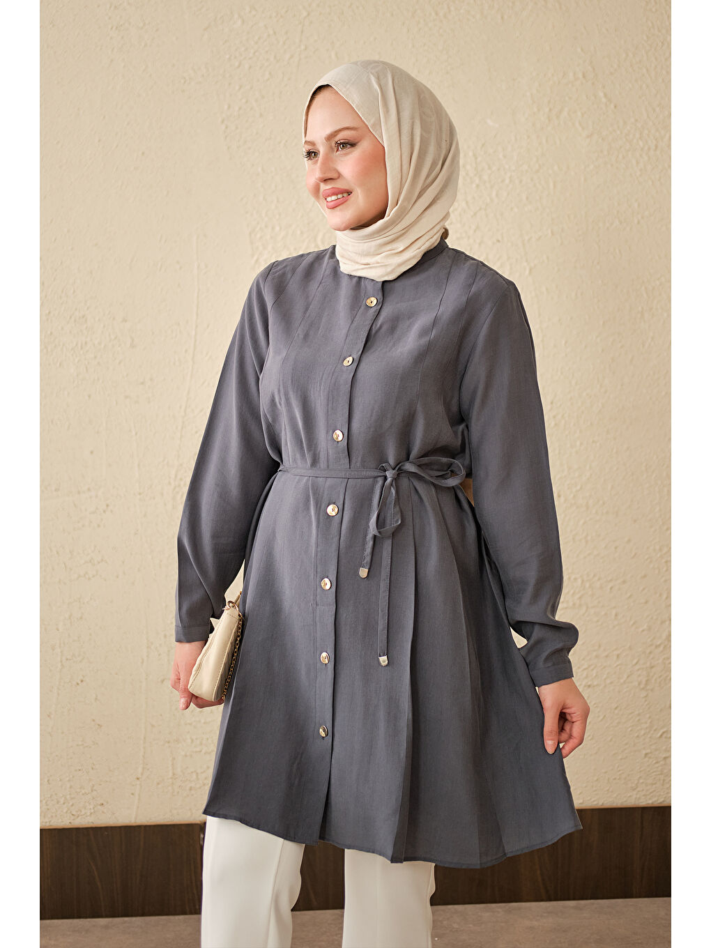 Kadın Pile Detay Bel Bağlamalı Uzun Gömlek Antrasit-1