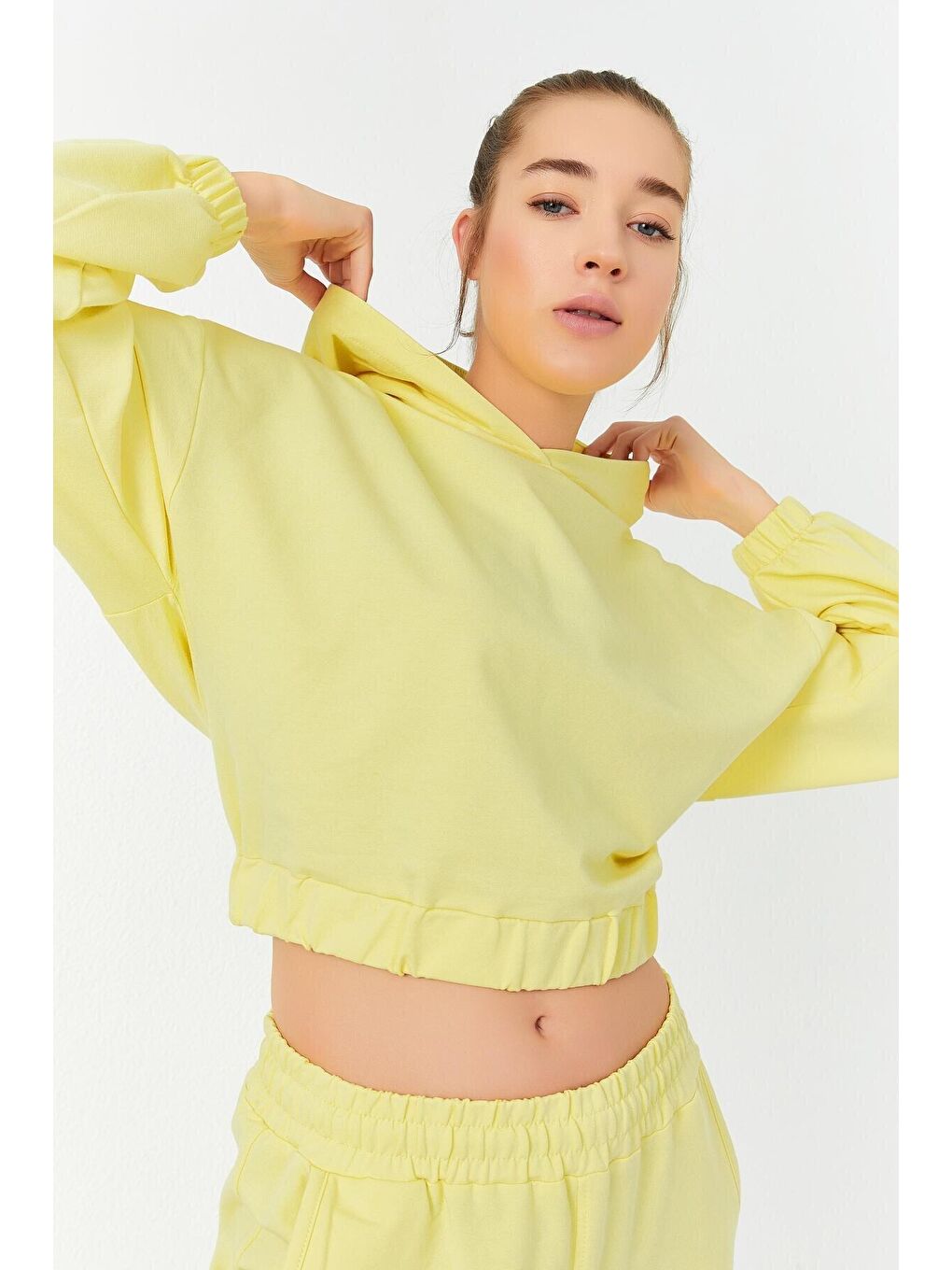 Sarı Limon Yazı Baskılı Kapüşonlu Lastik Paça Kadın Oversize Eşofman Takımı - 95295-3