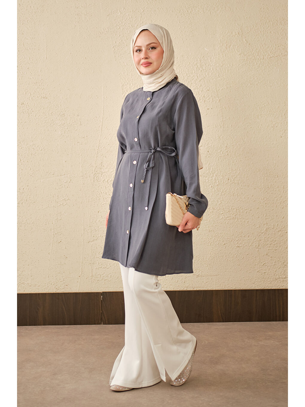 Kadın Pile Detay Bel Bağlamalı Uzun Gömlek Antrasit-2