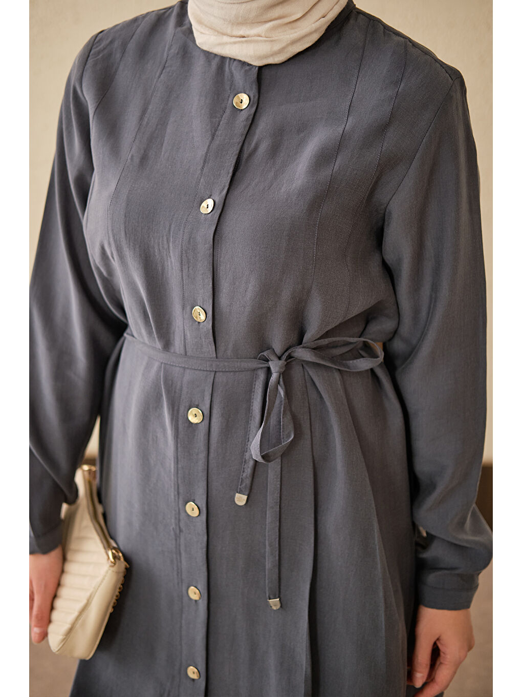Kadın Pile Detay Bel Bağlamalı Uzun Gömlek Antrasit-3