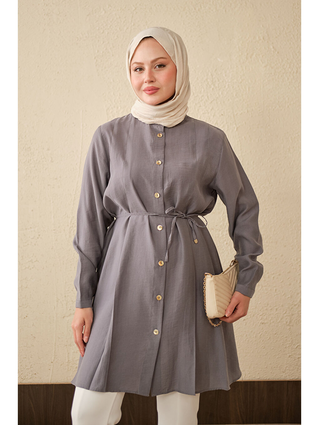 Kadın Pile Detay Bel Bağlamalı Uzun Gömlek Gri-1