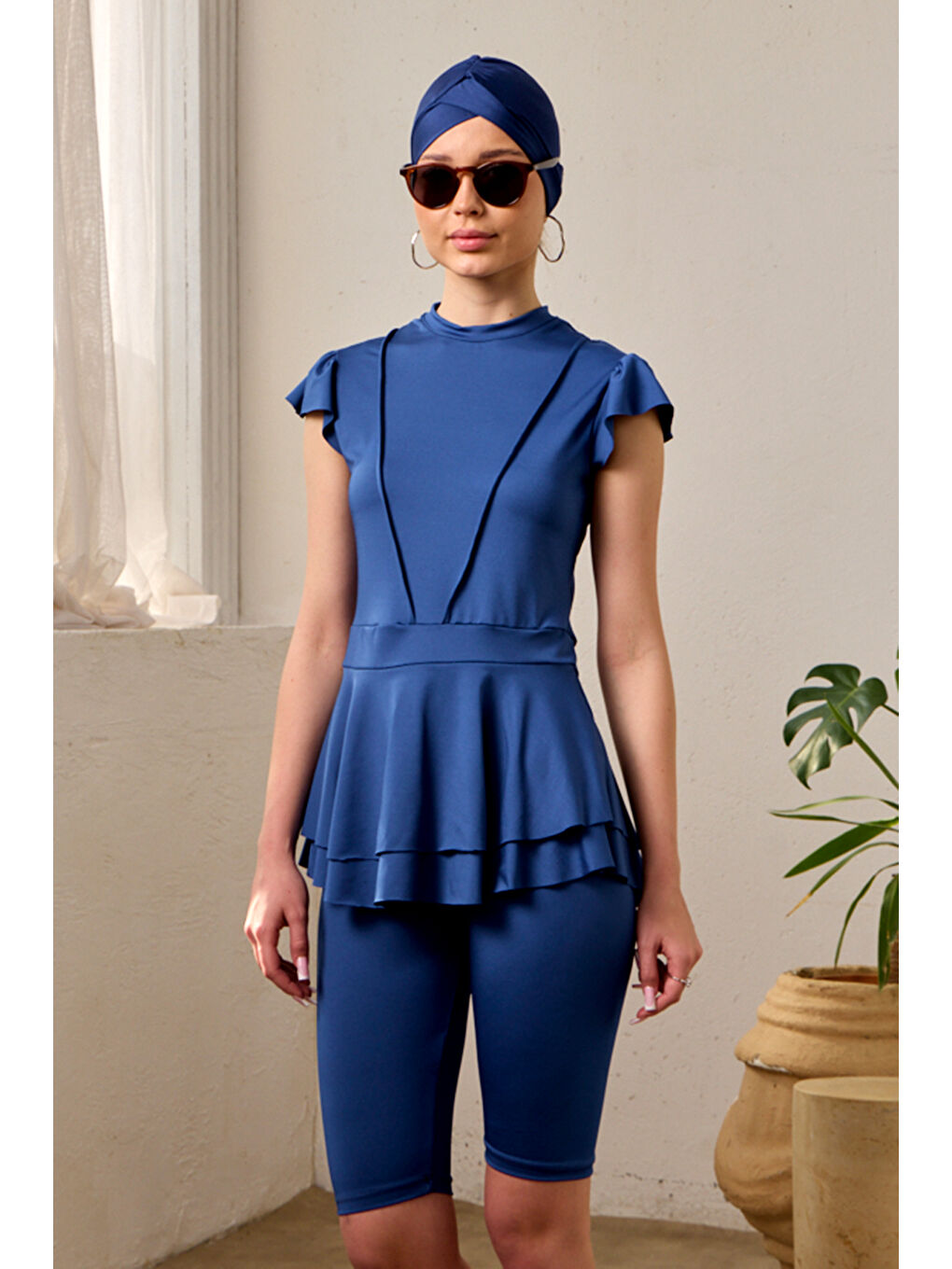 Elastanlı Kolsuz Yarı Kapalı Mayo Fırfır Detaylı T1024-19 Lacivert-1