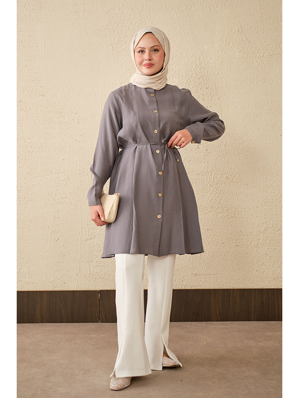 Kadın Pile Detay Bel Bağlamalı Uzun Gömlek Gri-2