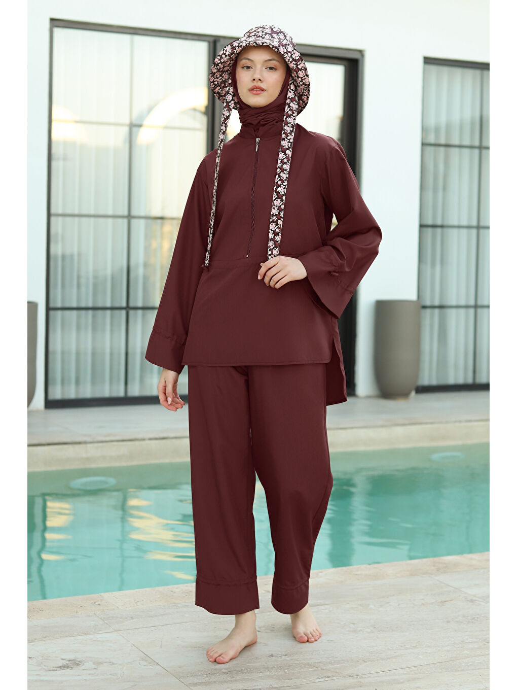 Geniş Manşetli Yüzme Takımı Bordo-3