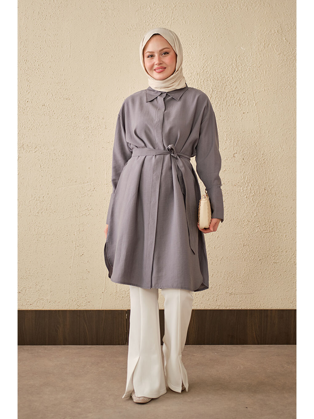 Kadın Bel Bağlamalı Gizli Düğmeli Uzun Gömlek Gri-1