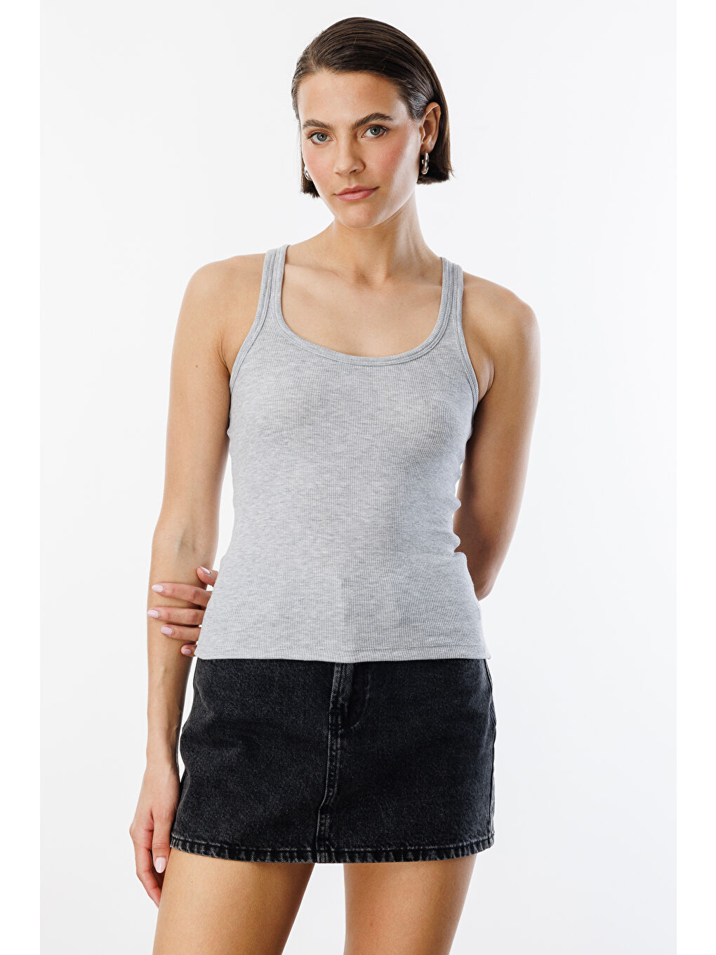 Gri Kadın Fitilli Görünümlü Kalın Askılı Basic Atlet ATLET1-4