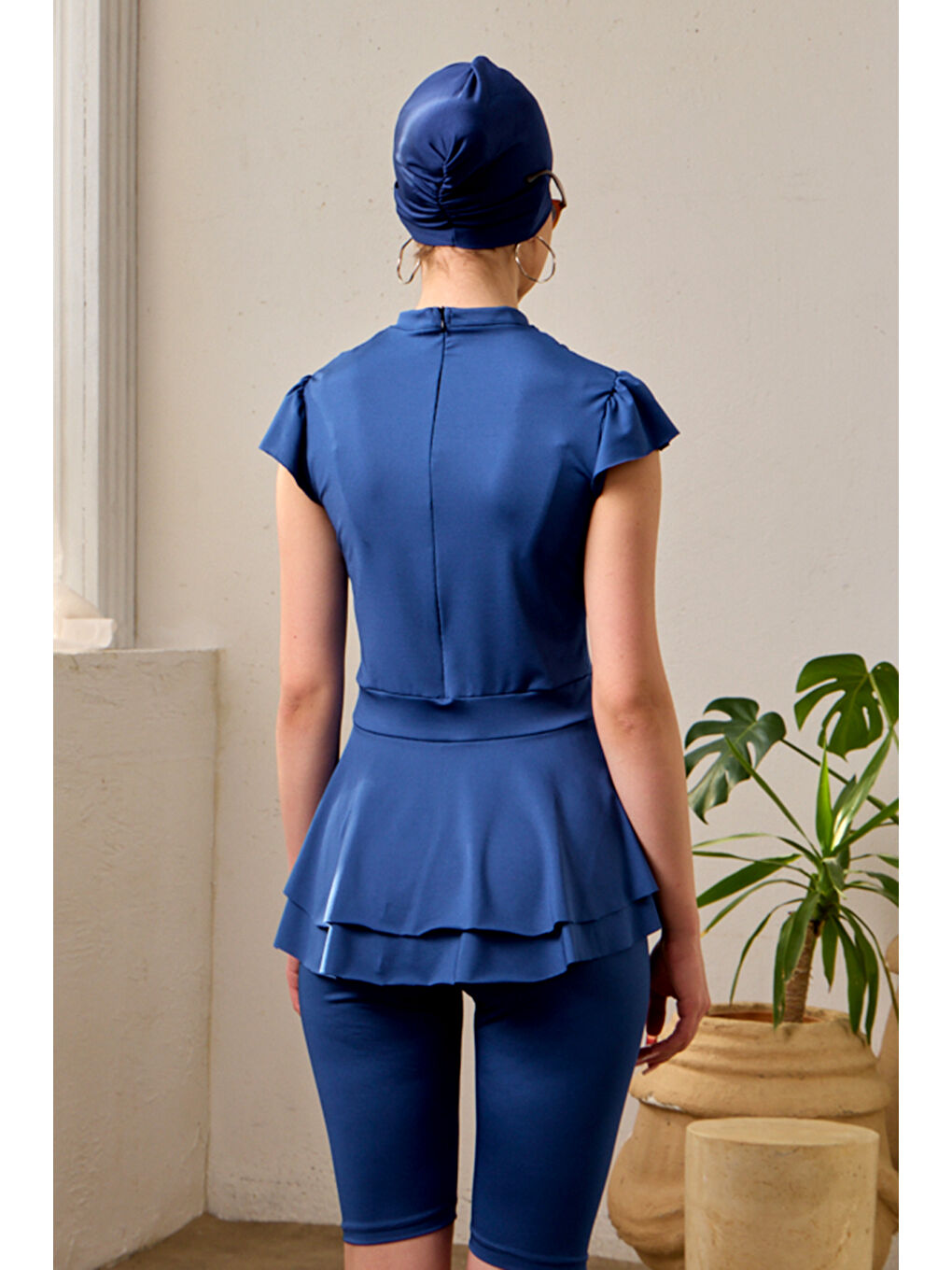 Elastanlı Kolsuz Yarı Kapalı Mayo Fırfır Detaylı T1024-19 Lacivert-3