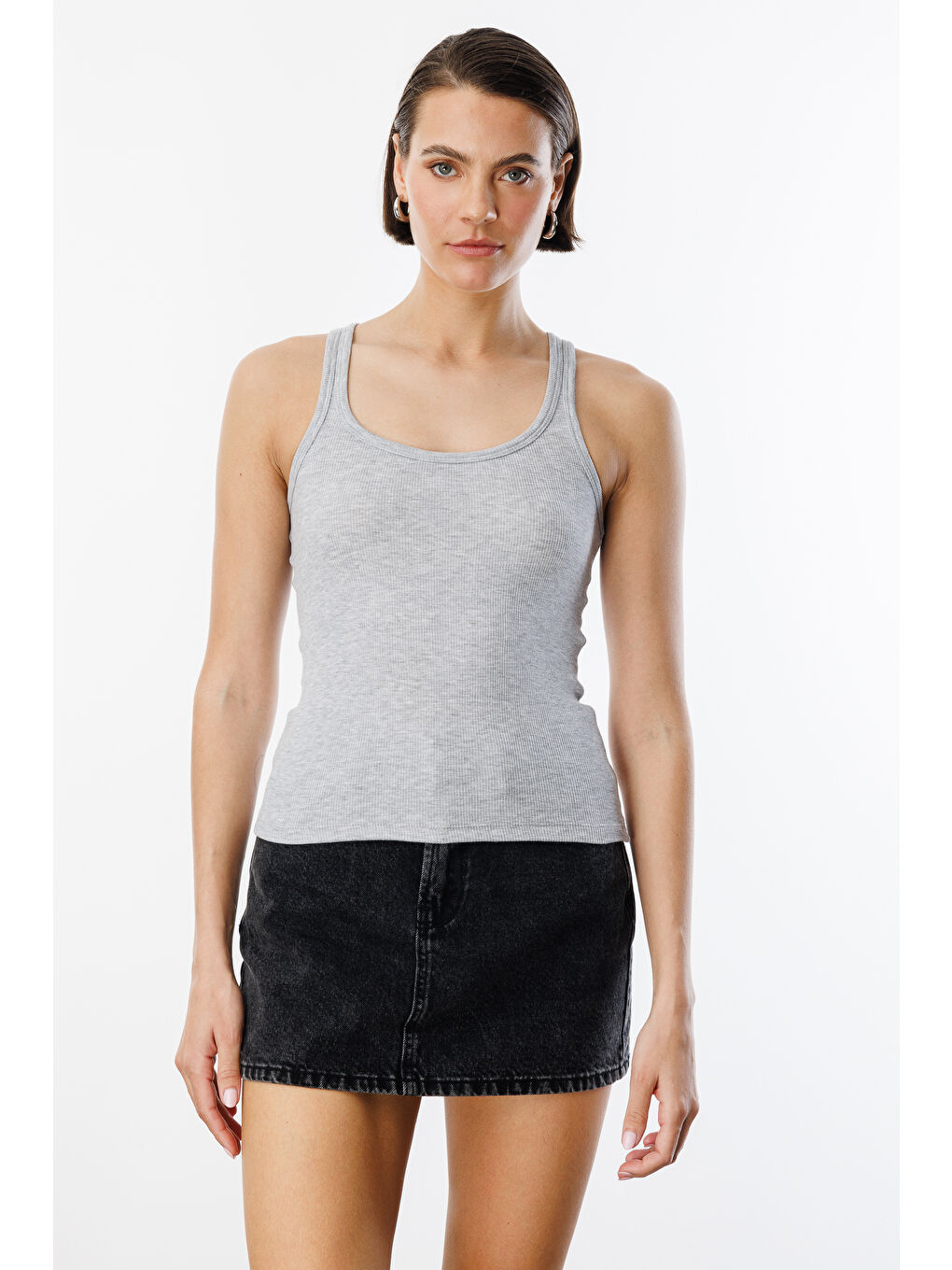 Gri Kadın Fitilli Görünümlü Kalın Askılı Basic Atlet ATLET1-5