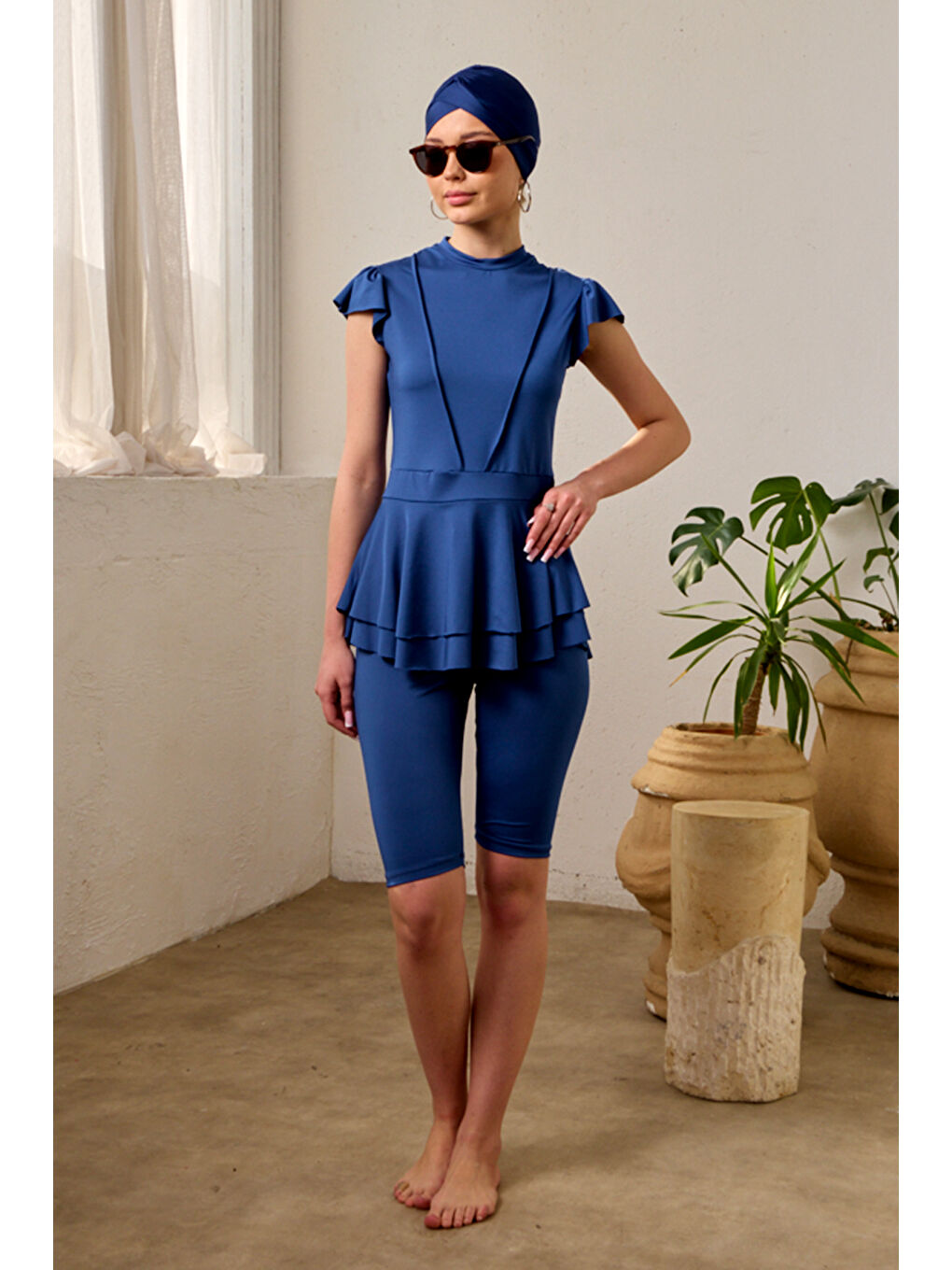 Elastanlı Kolsuz Yarı Kapalı Mayo Fırfır Detaylı T1024-19 Lacivert-4