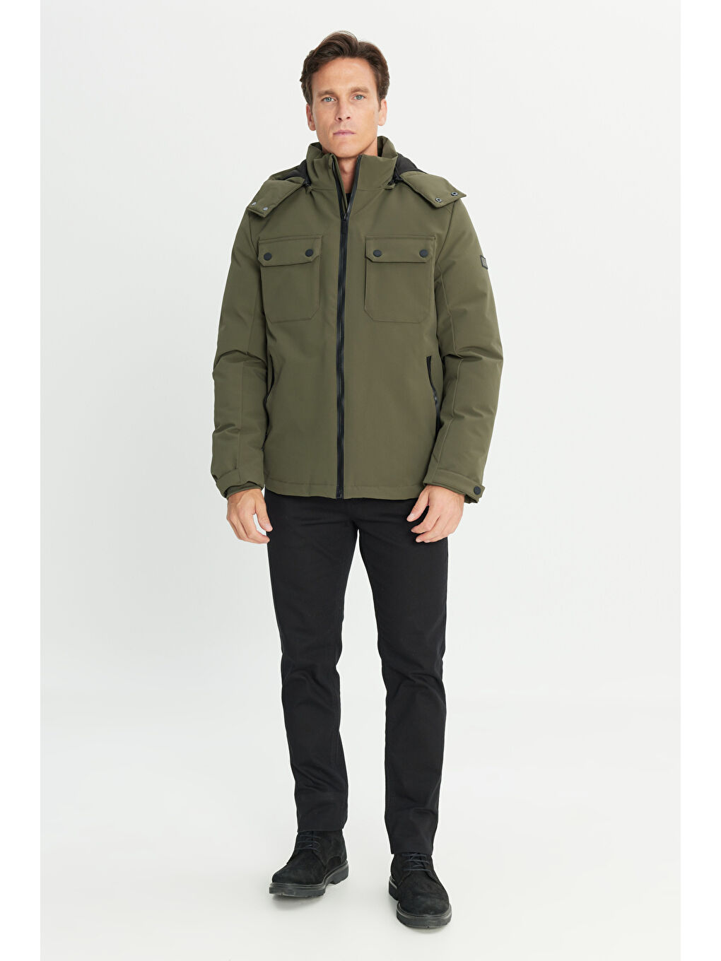 Erkek Haki Termometreli Standart Fit Normal Kesim Çıkma Kapüşonlu Yan Cepli Şişme Mont-1