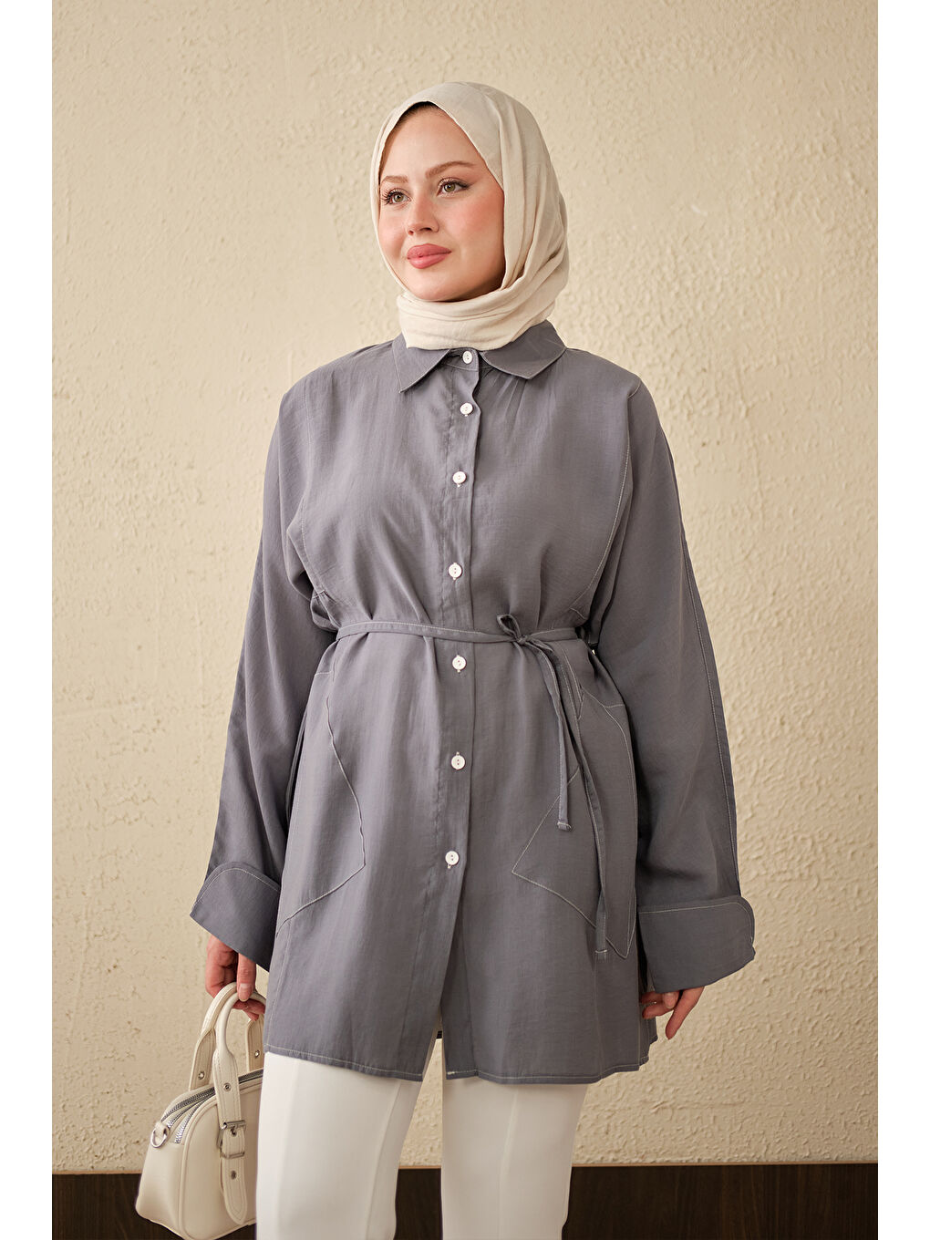 Kadın Çift Cep Detay Uzun Gömlek Gri
