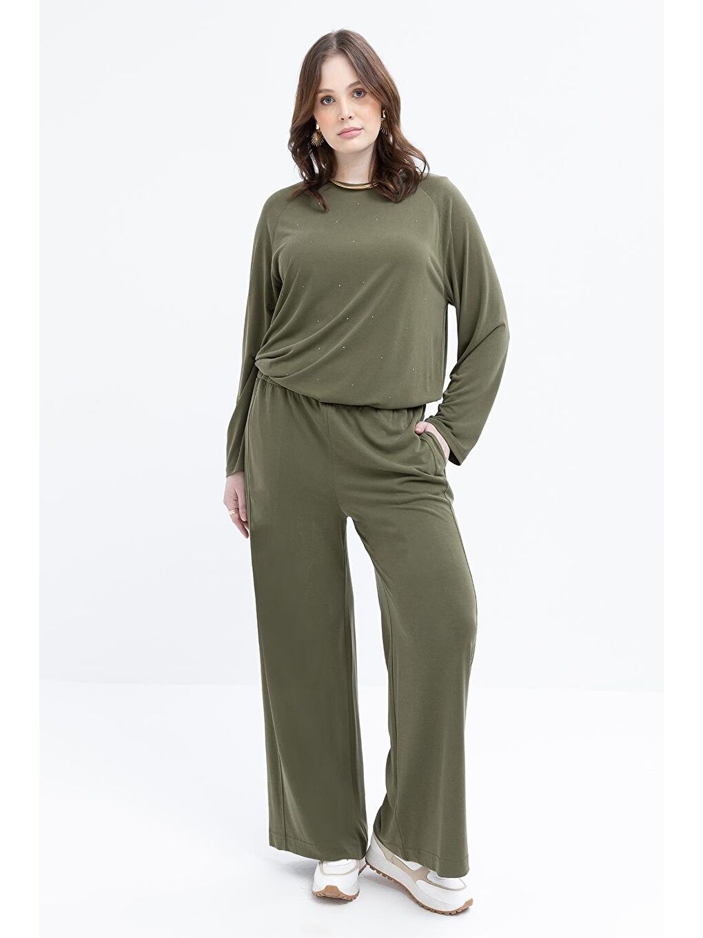 Haki-Büyük Beden Beli Lastikli Geniş Paça Pantolon