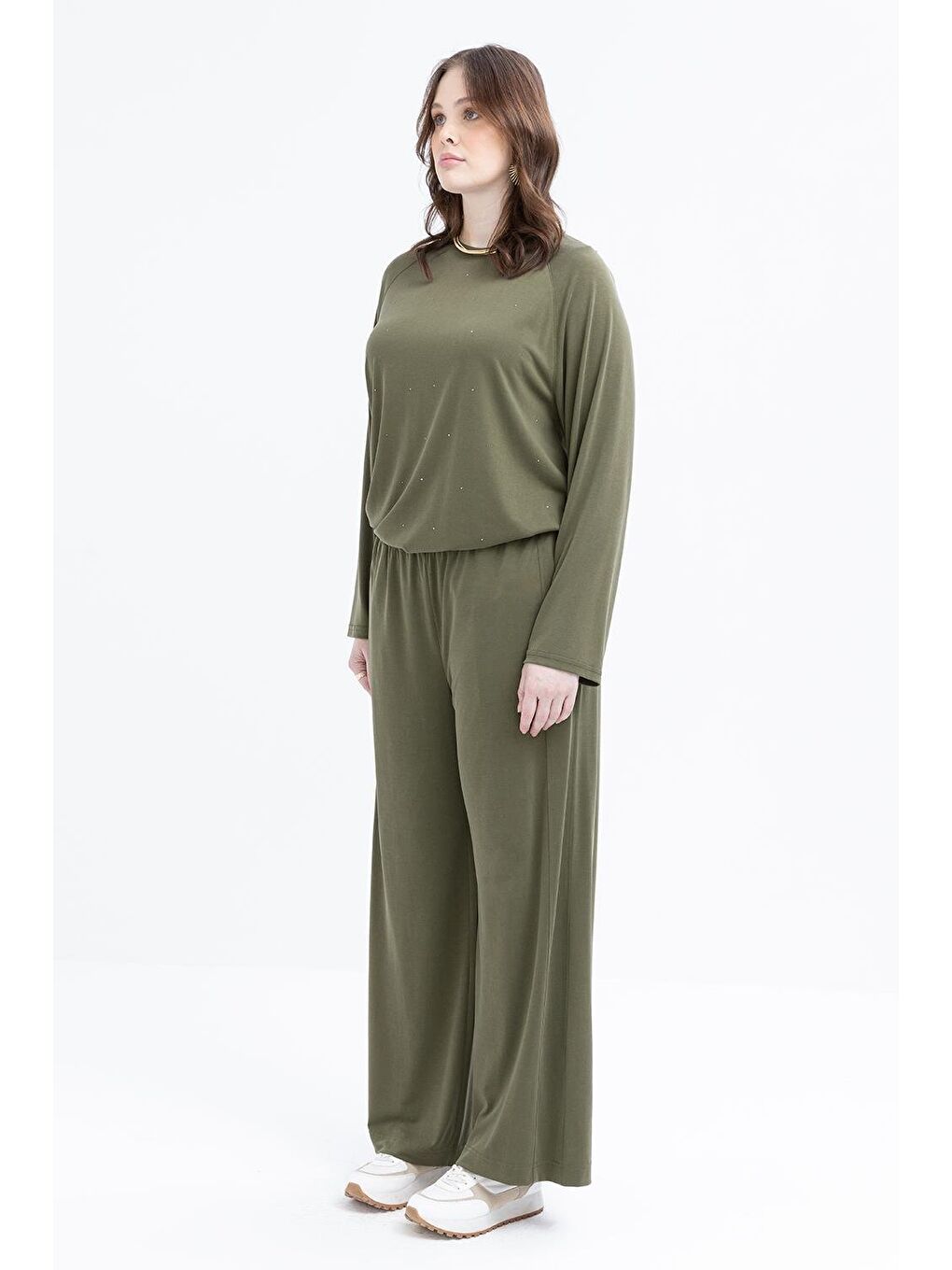 Haki-Büyük Beden Beli Lastikli Geniş Paça Pantolon-2