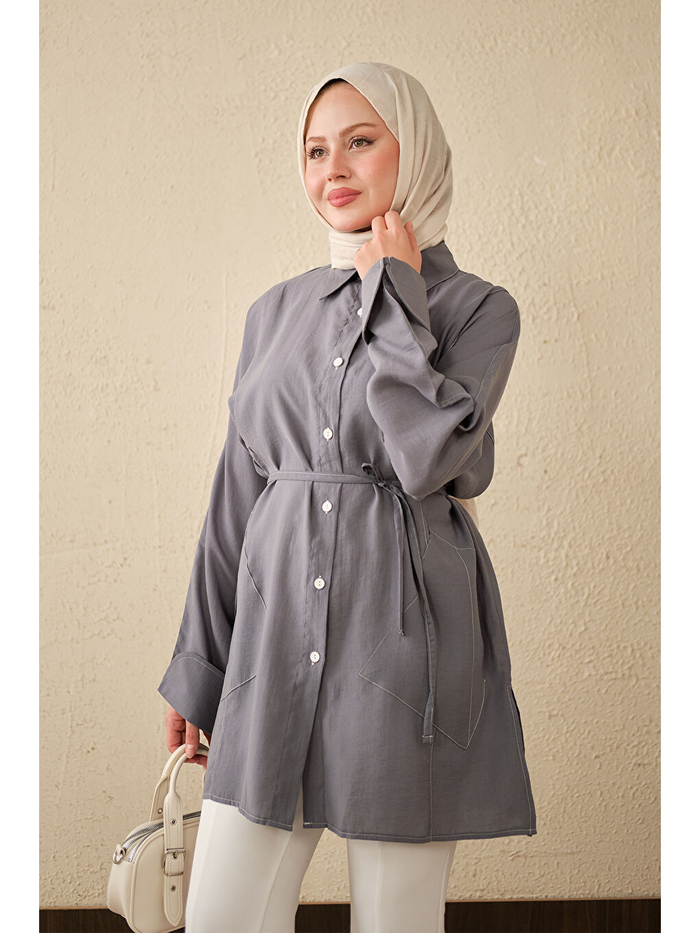 Kadın Çift Cep Detay Uzun Gömlek Gri-1