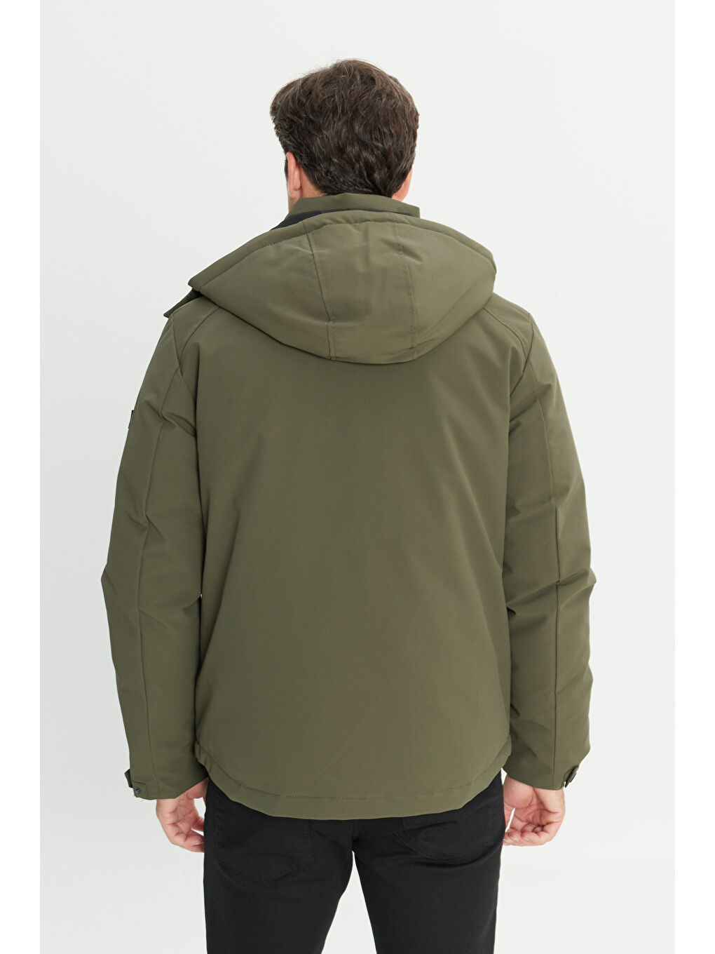 Erkek Haki Termometreli Standart Fit Normal Kesim Çıkma Kapüşonlu Yan Cepli Şişme Mont-7
