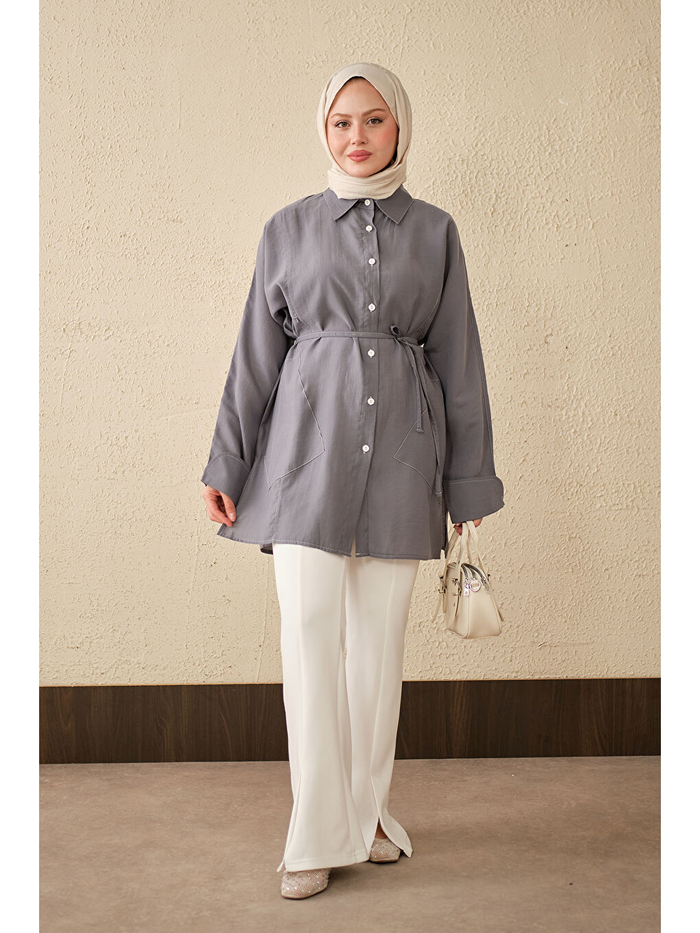 Kadın Çift Cep Detay Uzun Gömlek Gri-2