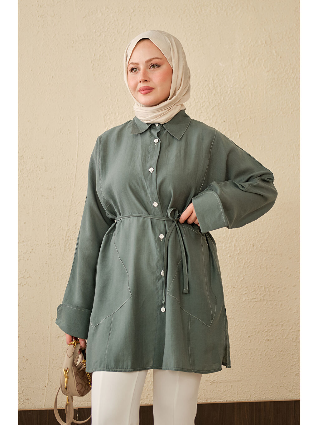 Kadın Çift Cep Detay Uzun Gömlek Yeşil-1